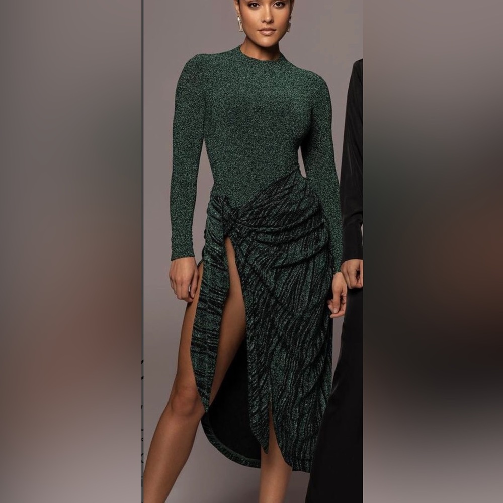 Two piece set: green sparkly bodysuit with a matching skirt sarong